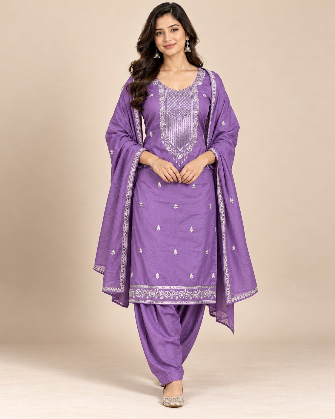 Sequin Yoke Embroidered Satin Unstitched Suit Set - Image 8