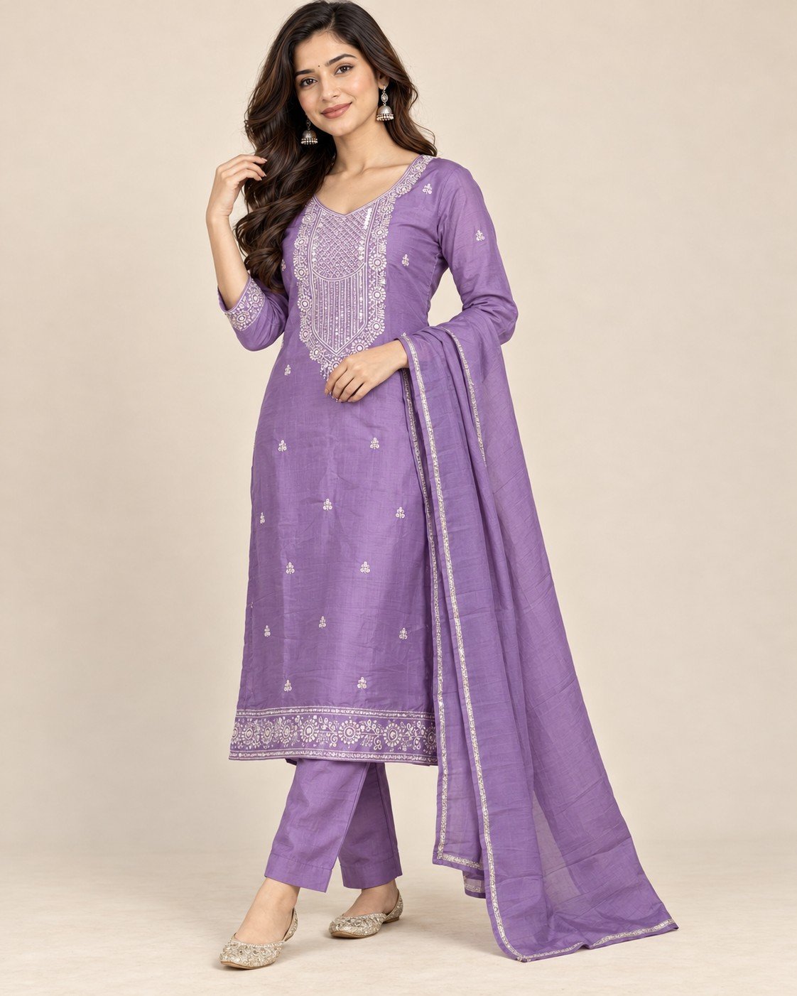 Sequin Yoke Embroidered Satin Unstitched Suit Set - Image 9