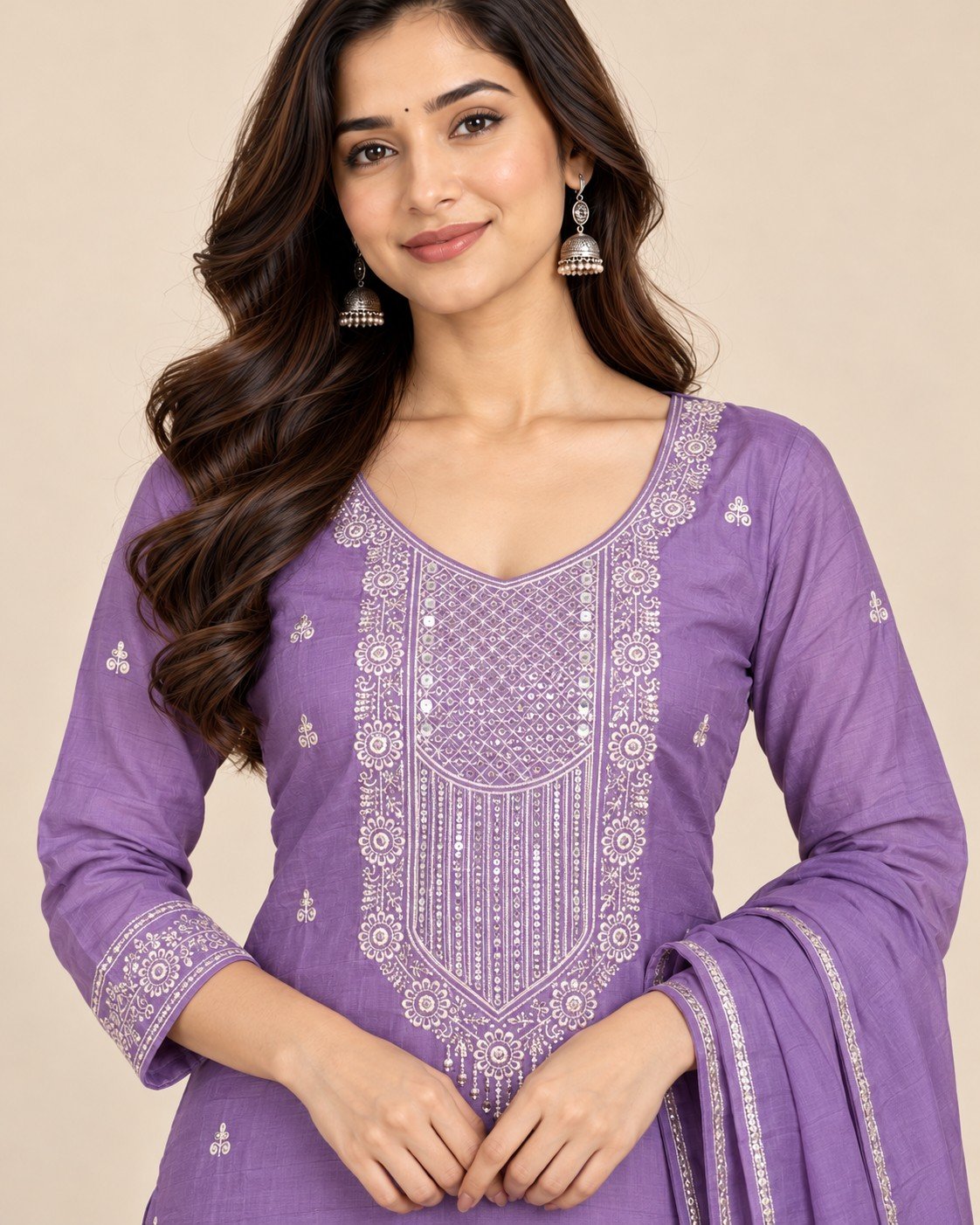 Sequin Yoke Embroidered Satin Unstitched Suit Set - Image 10