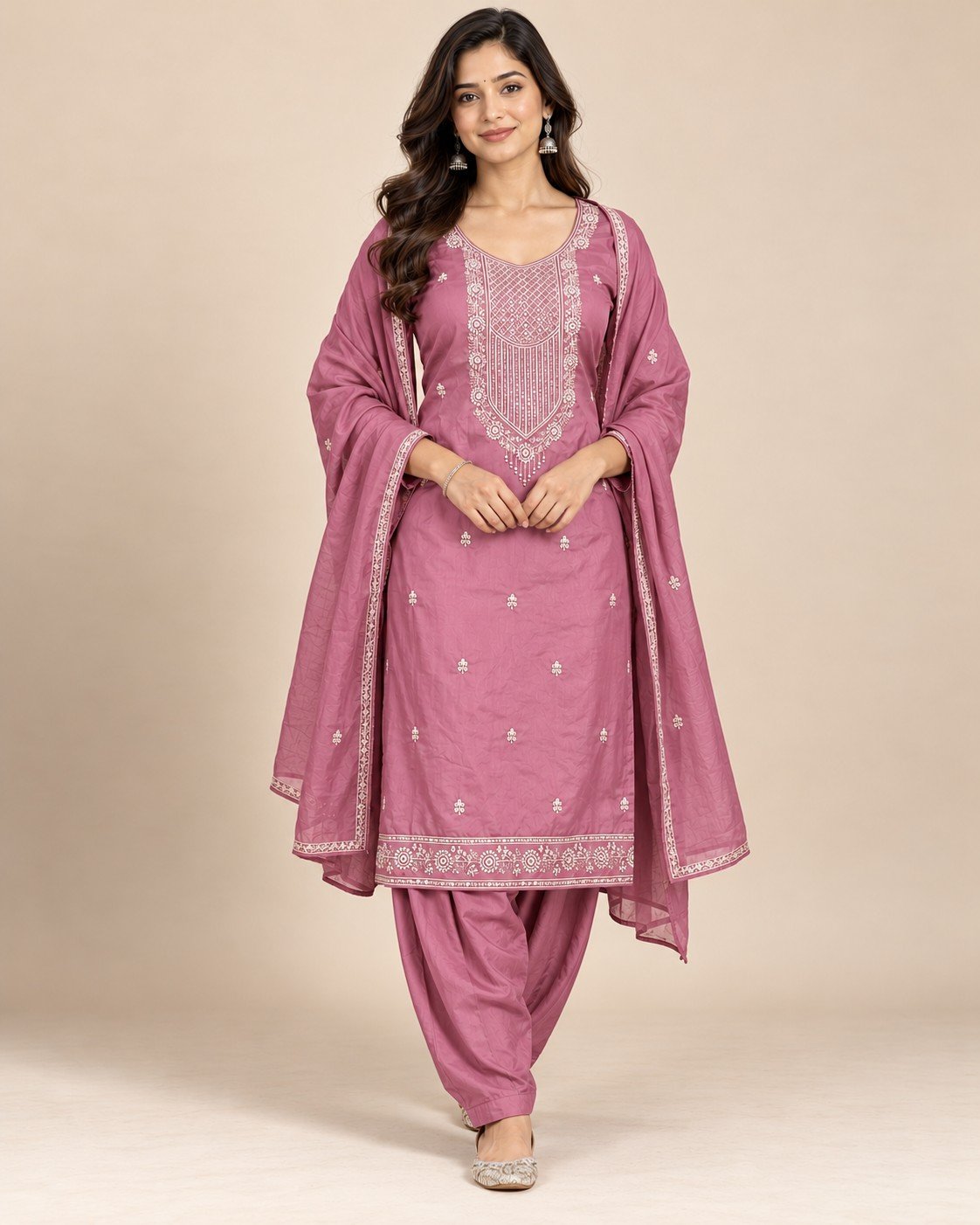 Sequin Yoke Embroidered Satin Unstitched Suit Set - Image 5