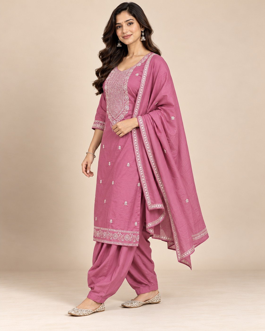 Sequin Yoke Embroidered Satin Unstitched Suit Set - Image 6