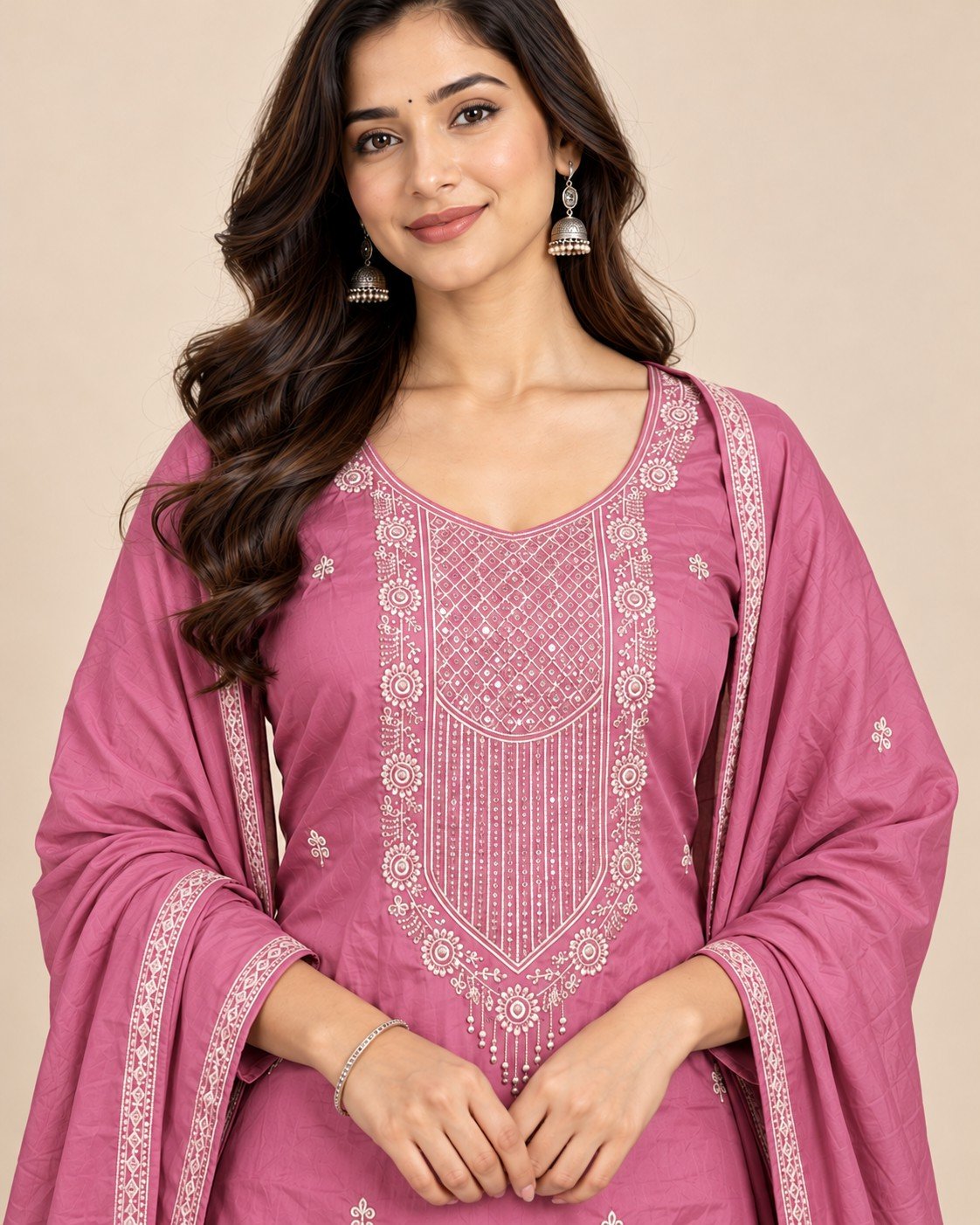 Sequin Yoke Embroidered Satin Unstitched Suit Set - Image 7