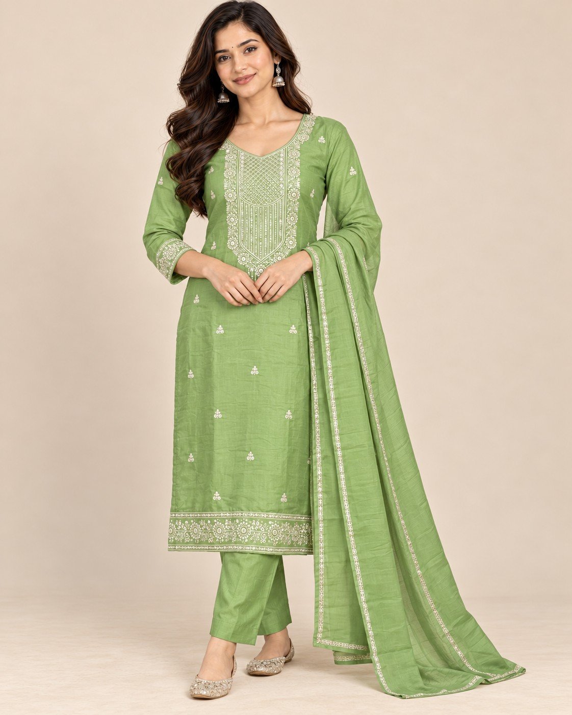Sequin Yoke Embroidered Satin Unstitched Suit Set - Image 11