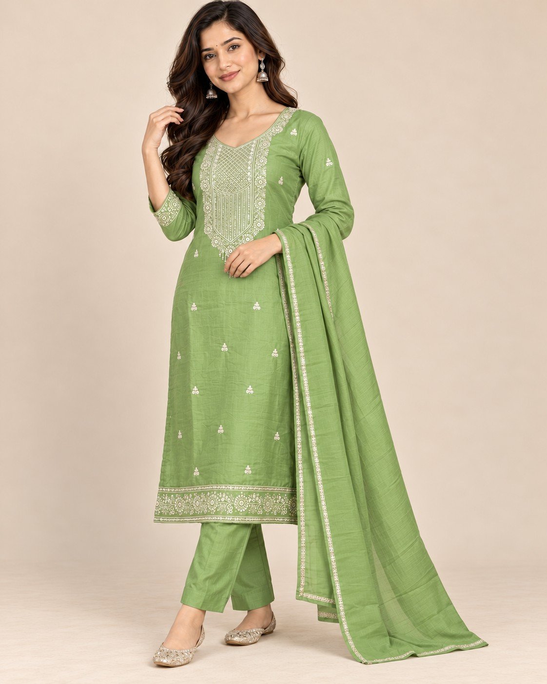 Sequin Yoke Embroidered Satin Unstitched Suit Set - Image 12