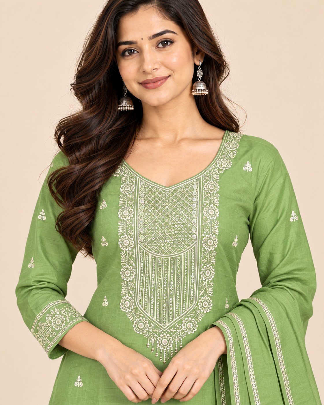 Sequin Yoke Embroidered Satin Unstitched Suit Set - Image 13
