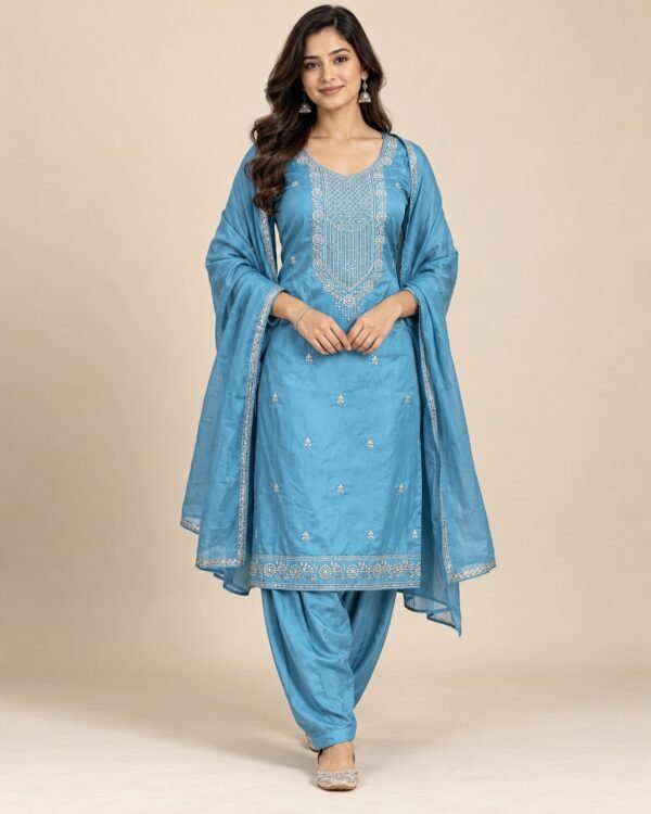 Sequin Yoke Embroidered Satin Unstitched Suit Set