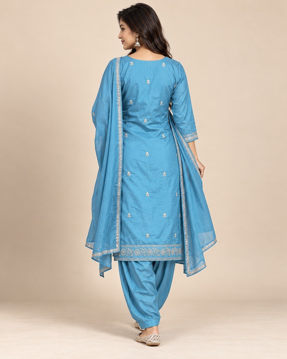 Sequin Yoke Embroidered Satin Unstitched Suit Set - Image 2