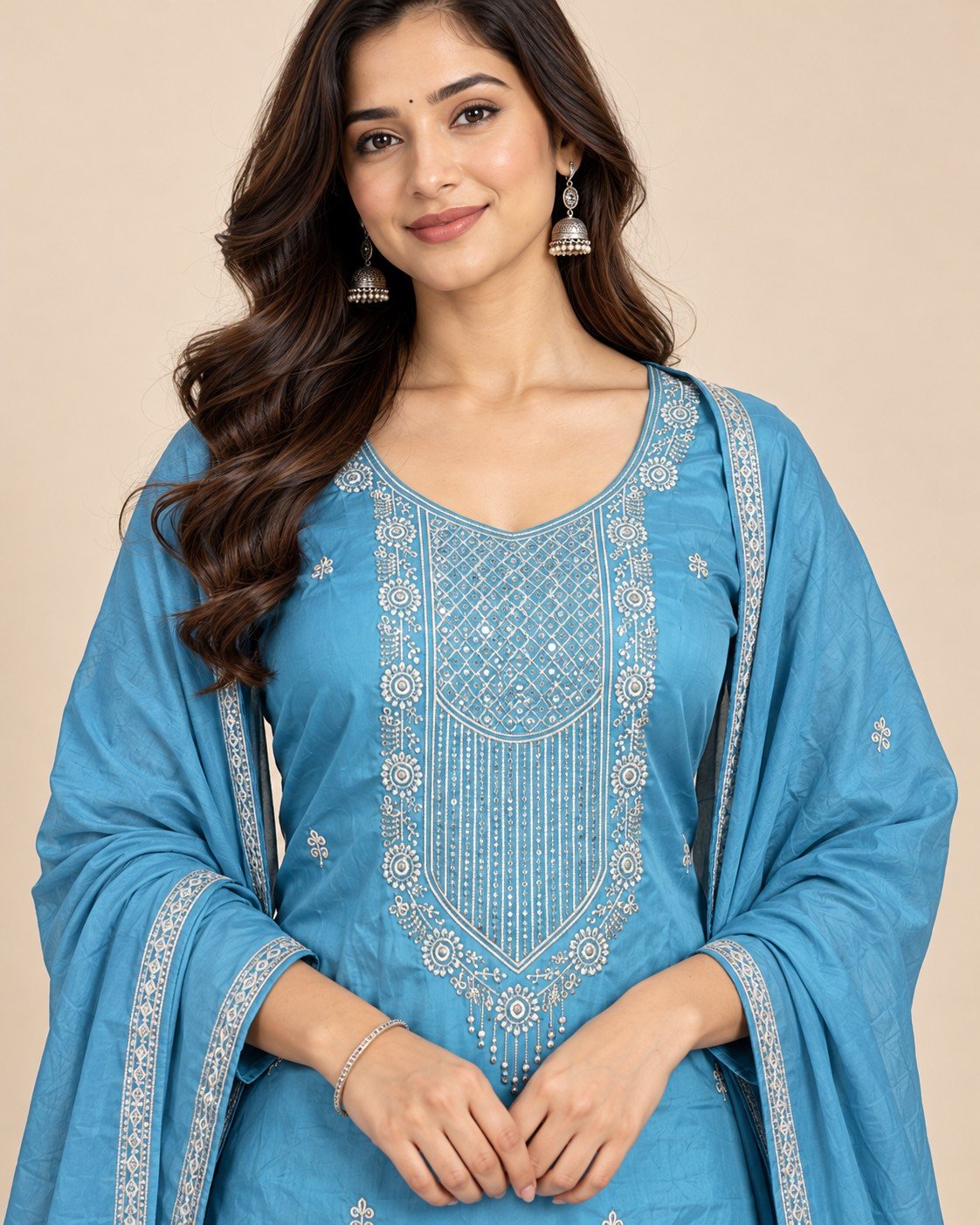 Sequin Yoke Embroidered Satin Unstitched Suit Set - Image 3