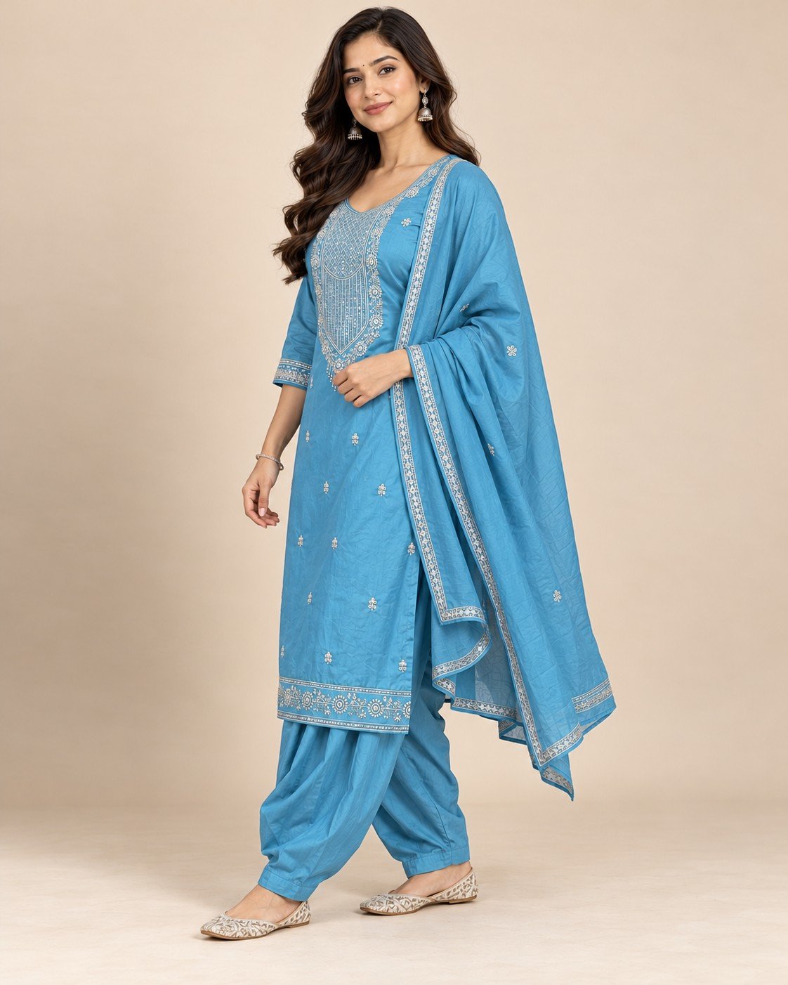 Sequin Yoke Embroidered Satin Unstitched Suit Set - Image 4