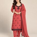 Black Thread Mirror Work Satin Unstitched Suit Set