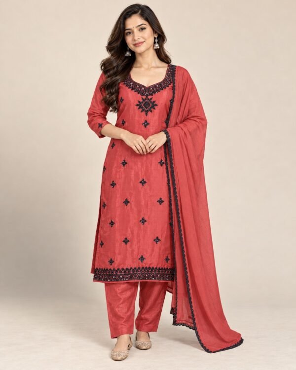 Black Thread Mirror Work Satin Unstitched Suit Set