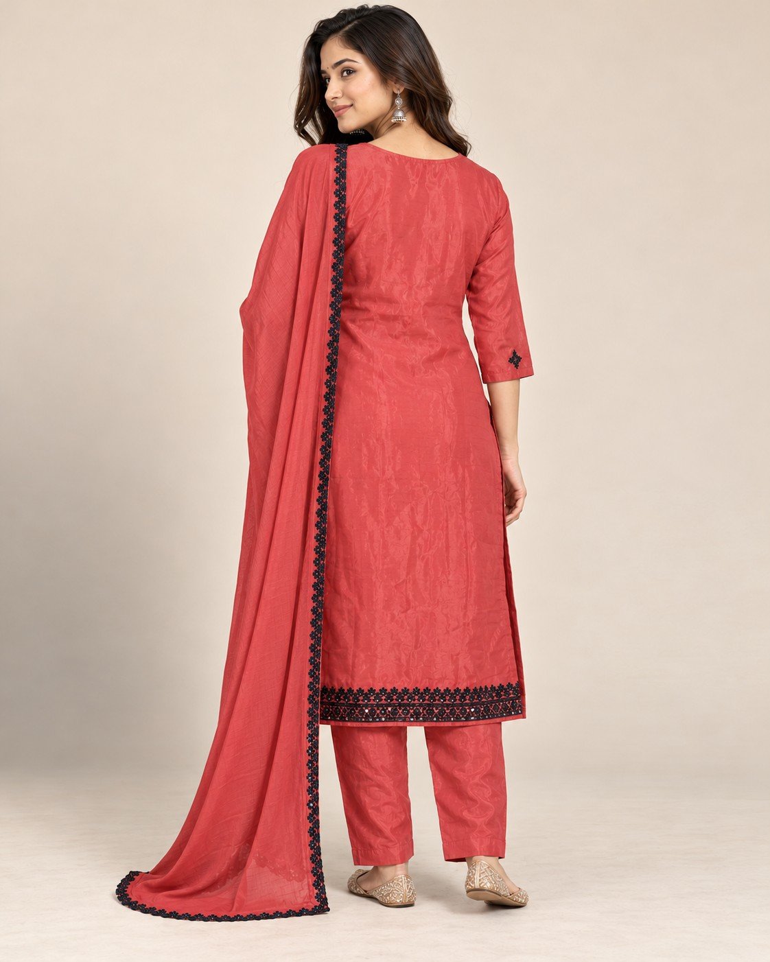 Black Thread Mirror Work Satin Unstitched Suit Set - Image 2