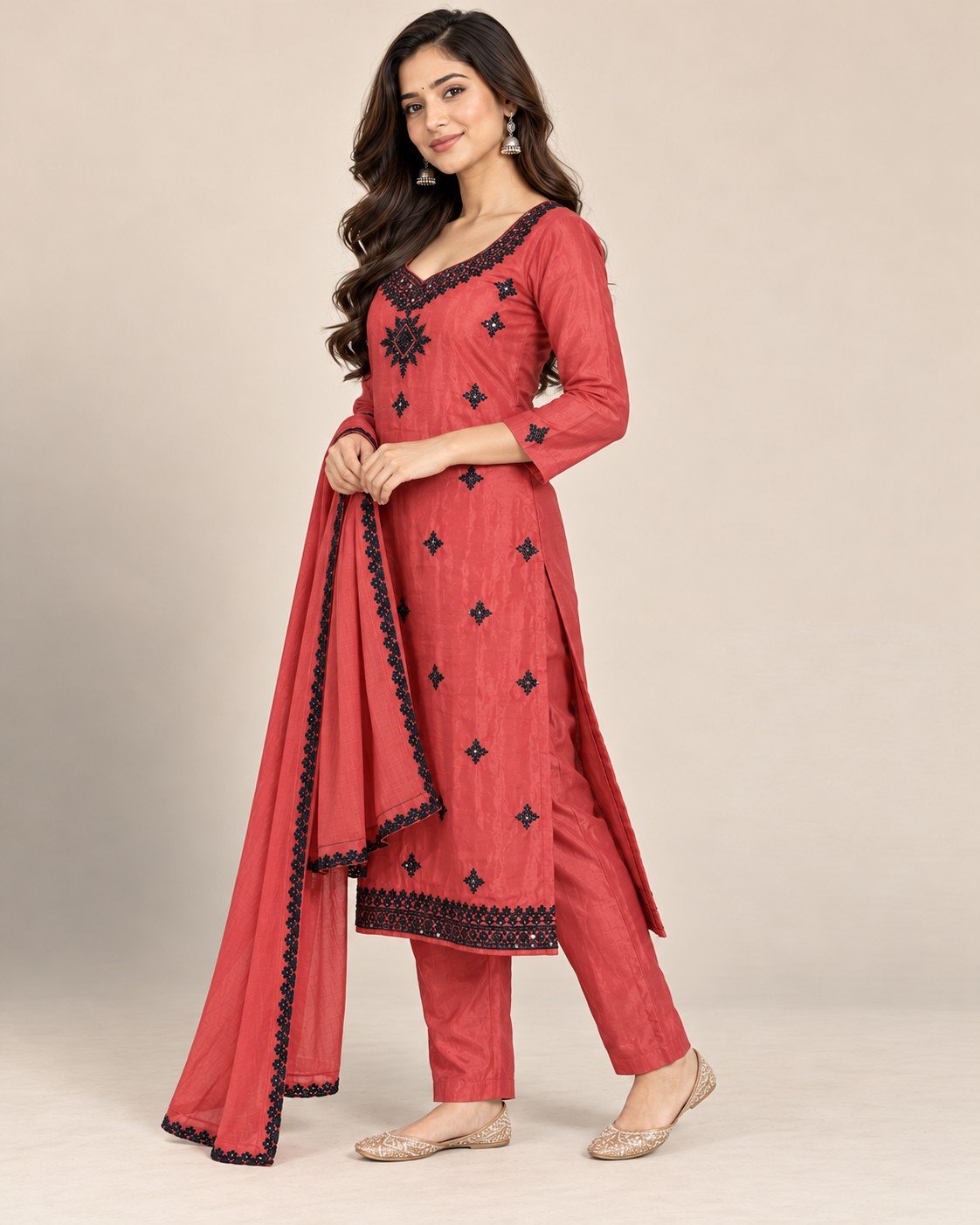 Black Thread Mirror Work Satin Unstitched Suit Set - Image 3