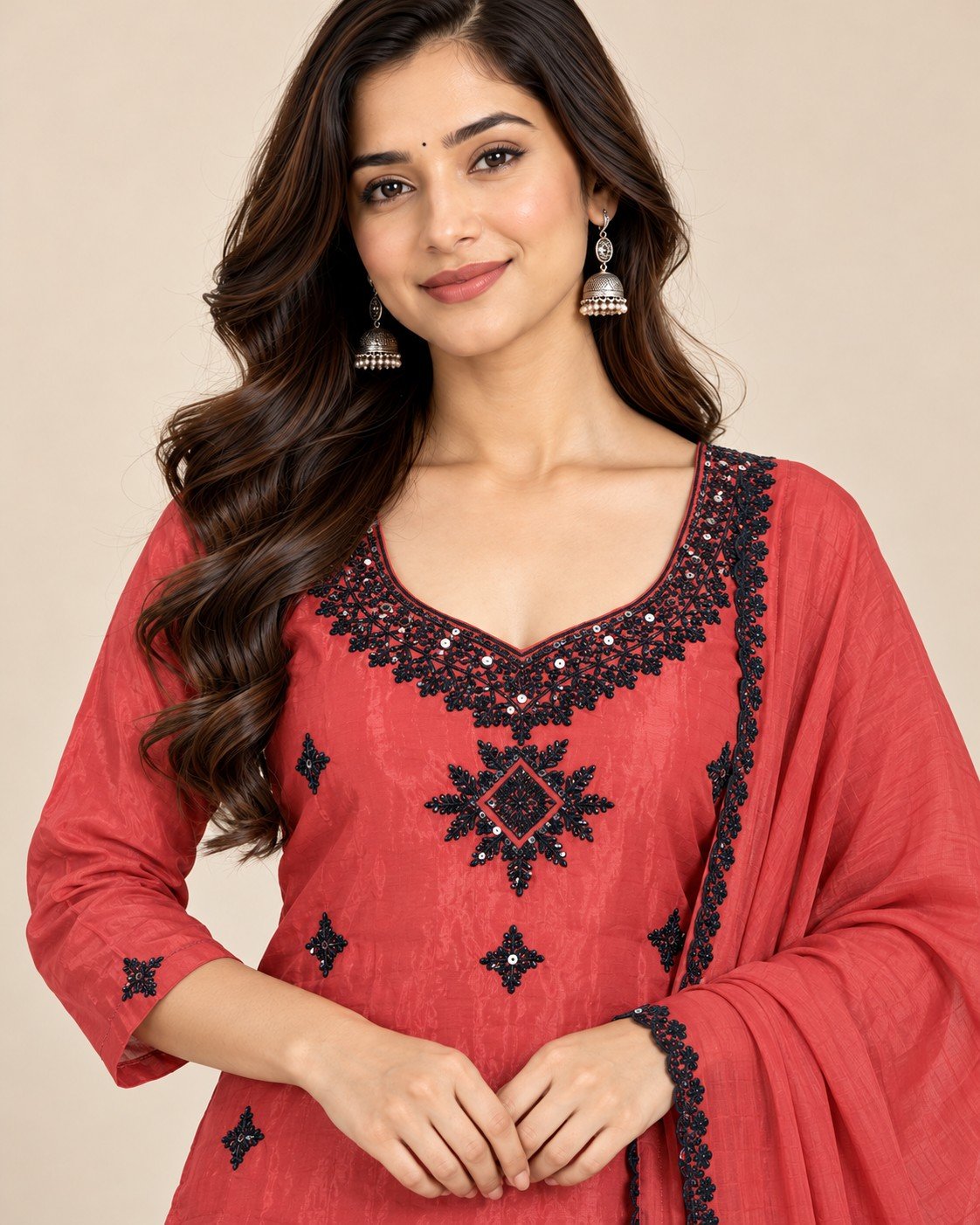 Black Thread Mirror Work Satin Unstitched Suit Set - Image 4