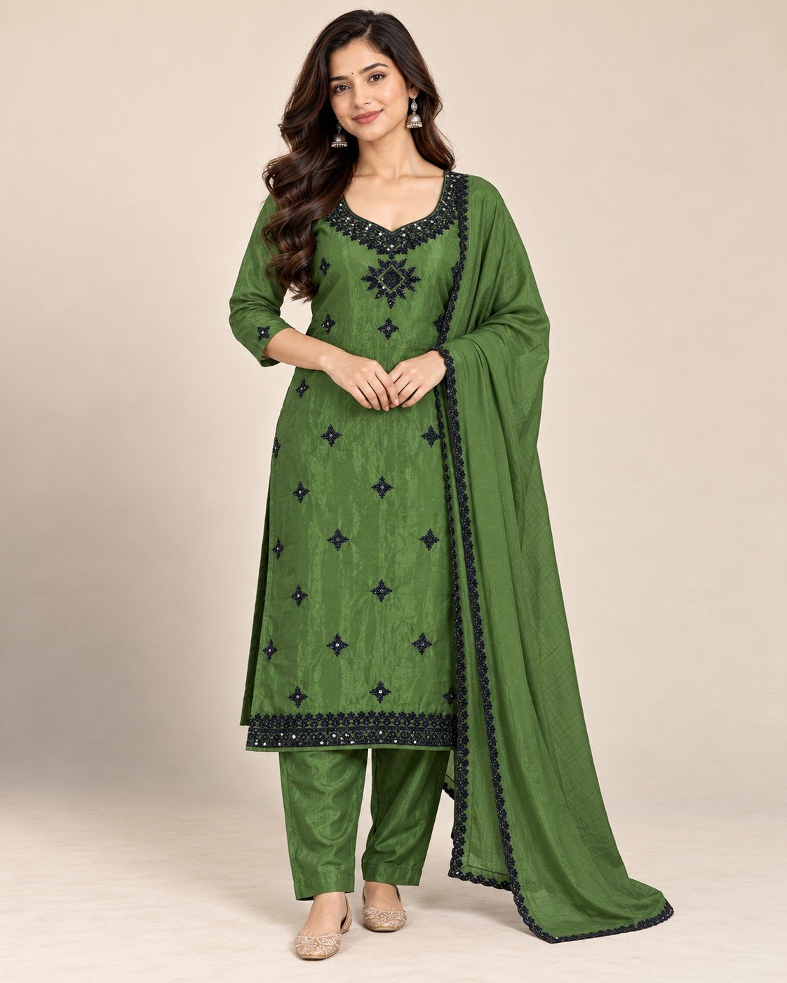 Black Thread Mirror Work Satin Unstitched Suit Set - Image 5