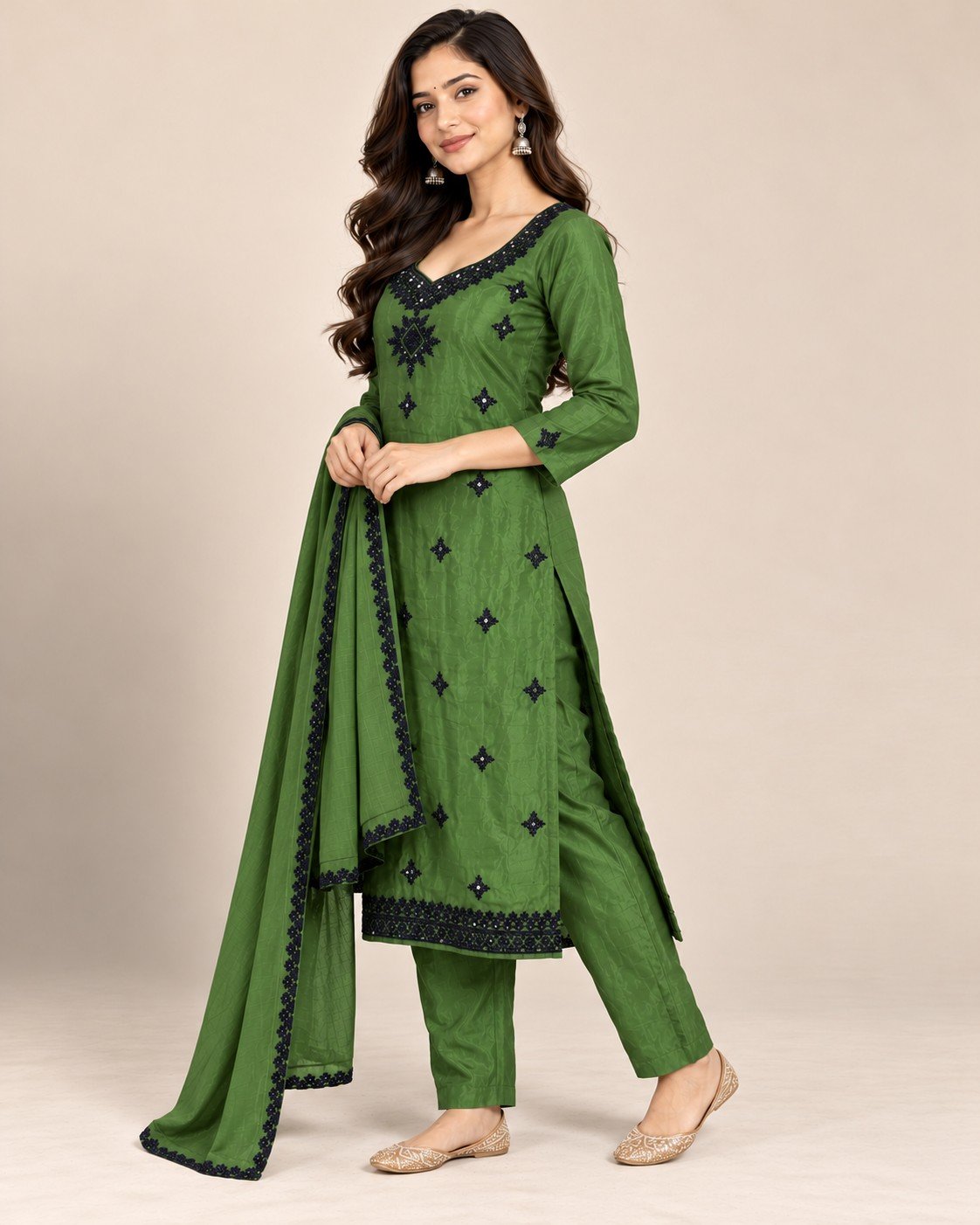 Black Thread Mirror Work Satin Unstitched Suit Set - Image 6