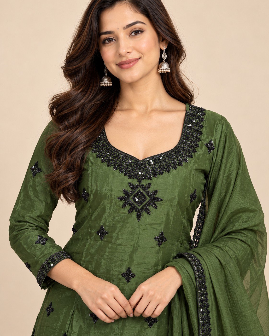 Black Thread Mirror Work Satin Unstitched Suit Set - Image 7