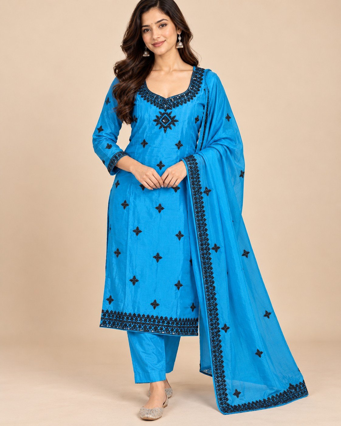 Black Thread Mirror Work Satin Unstitched Suit Set - Image 8