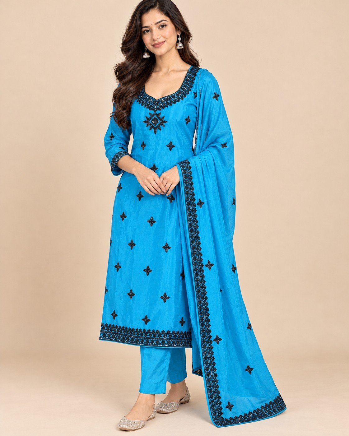 Black Thread Mirror Work Satin Unstitched Suit Set - Image 9