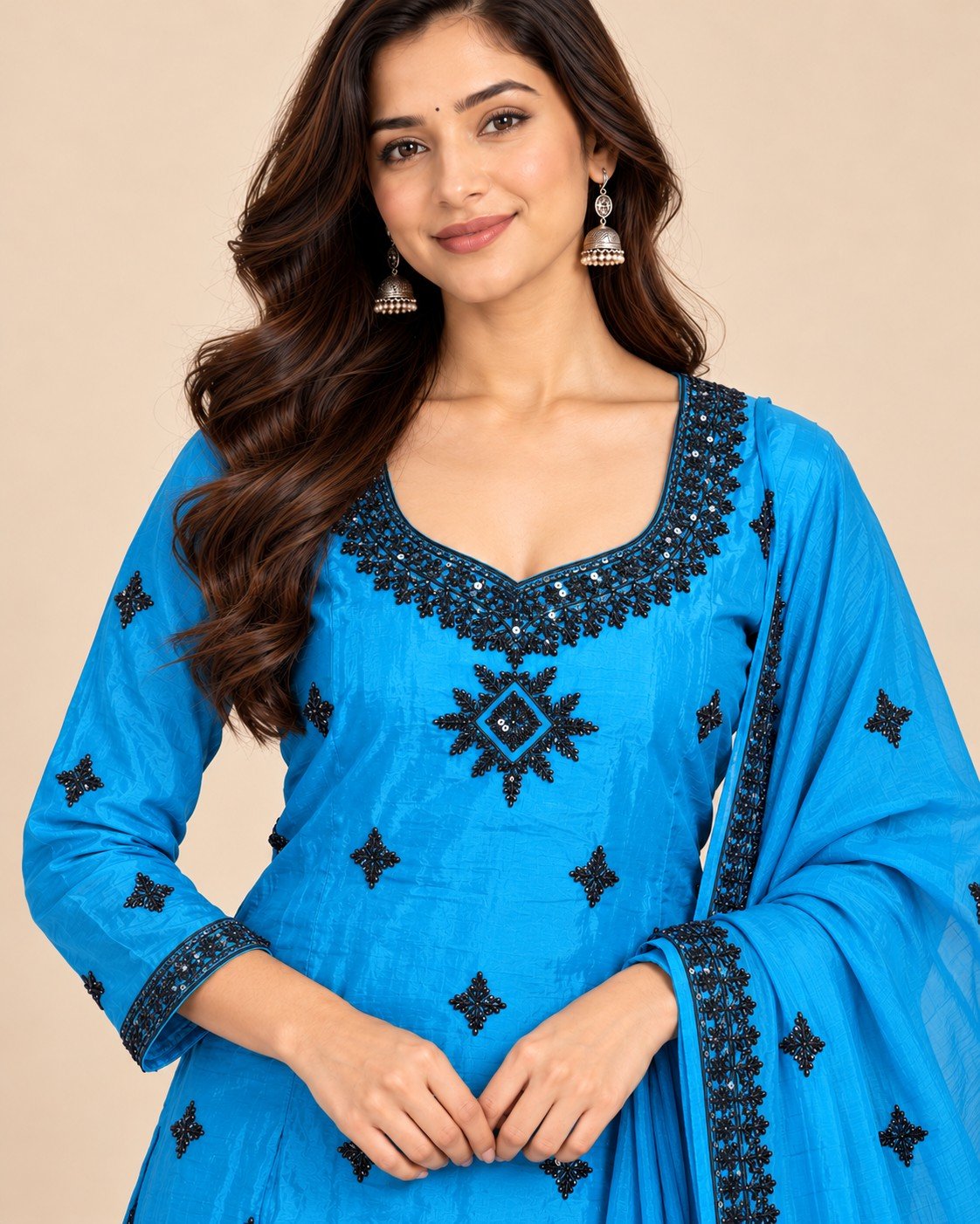 Black Thread Mirror Work Satin Unstitched Suit Set - Image 10