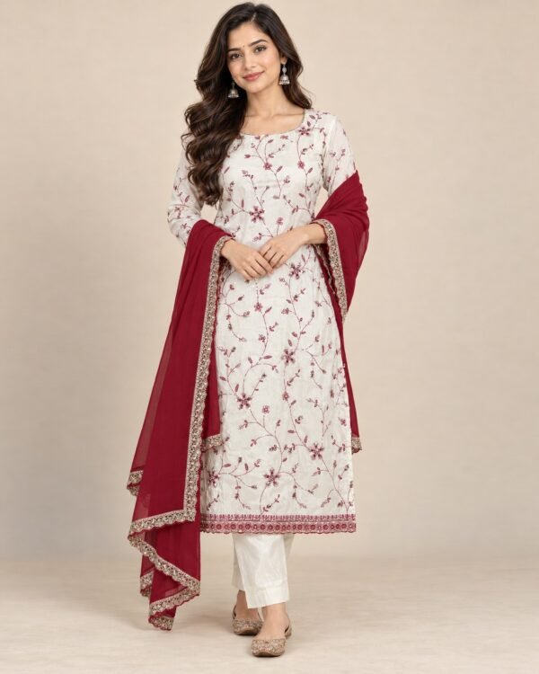 Ivory Floral Jaal Embroidered Unstitched Suit Set