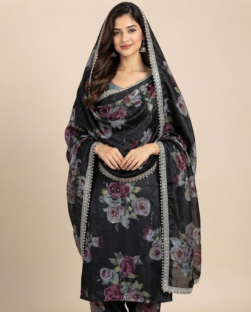 Rose Print Embellished Unstitched Suit Set - Image 5