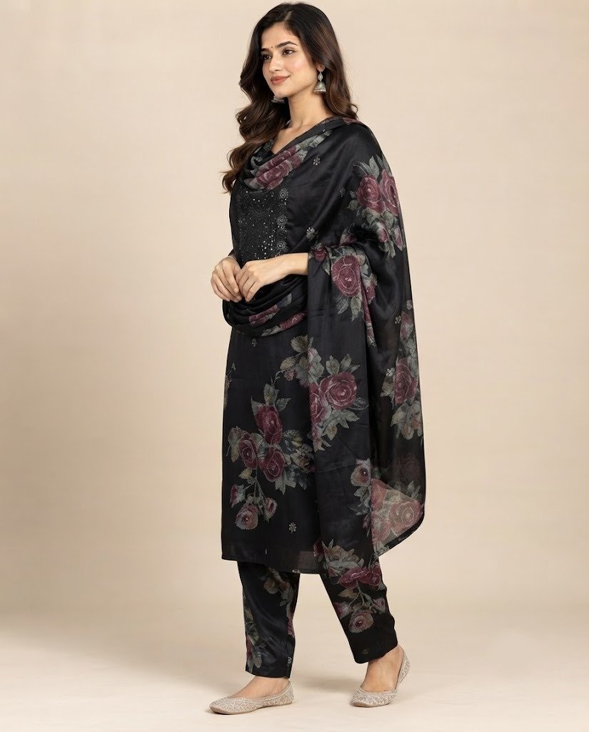 Rose Print Embellished Unstitched Suit Set - Image 6