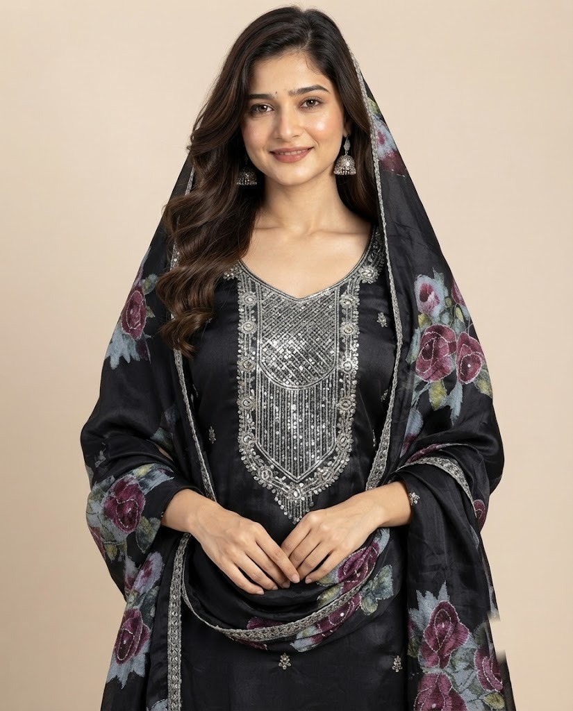 Rose Print Embellished Unstitched Suit Set - Image 7