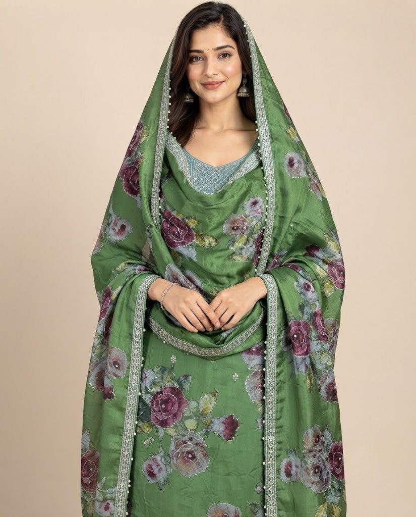 Rose Print Embellished Unstitched Suit Set - Image 8