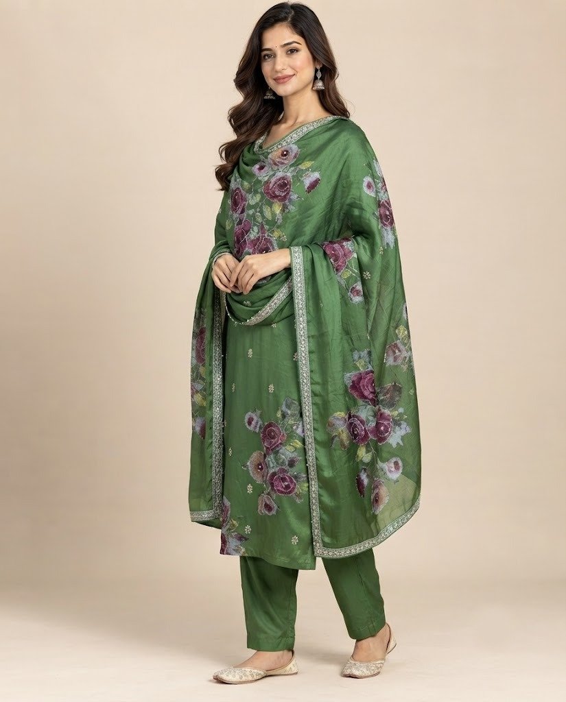 Rose Print Embellished Unstitched Suit Set - Image 9