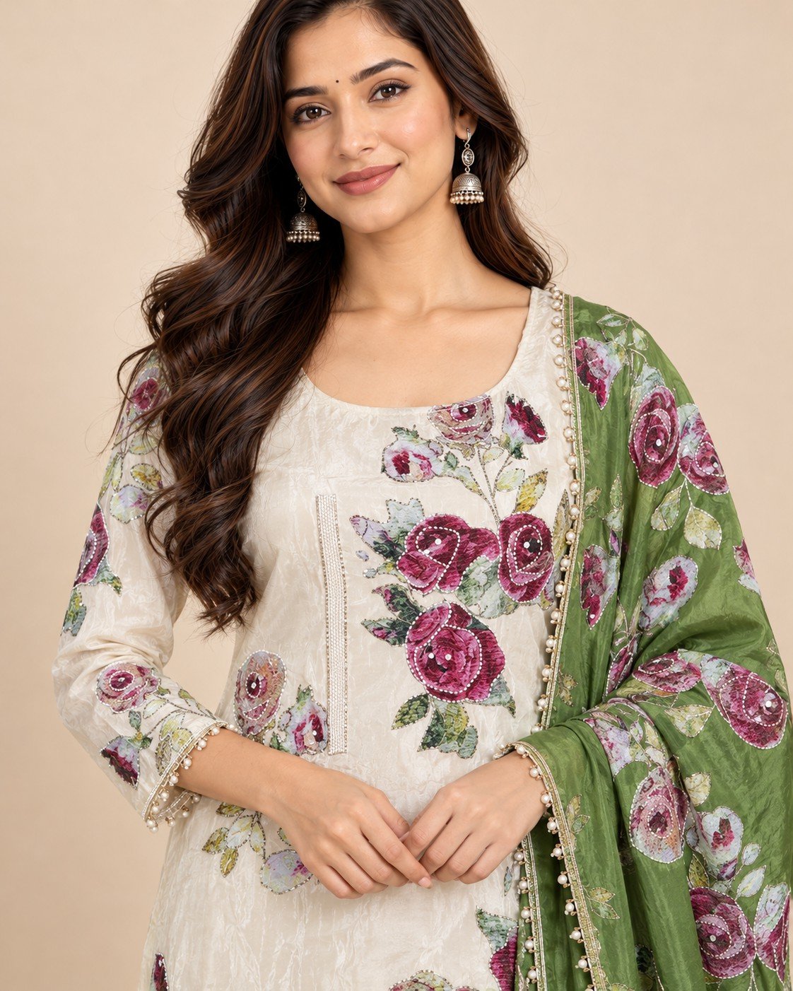 Rose Print Embellished Unstitched Suit Set - Image 10
