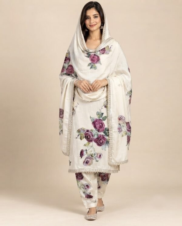 Rose Print Embellished Unstitched Suit Set