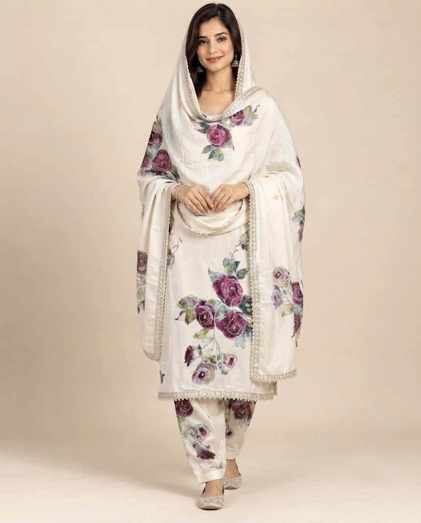 Rose Print Embellished Unstitched Suit Set