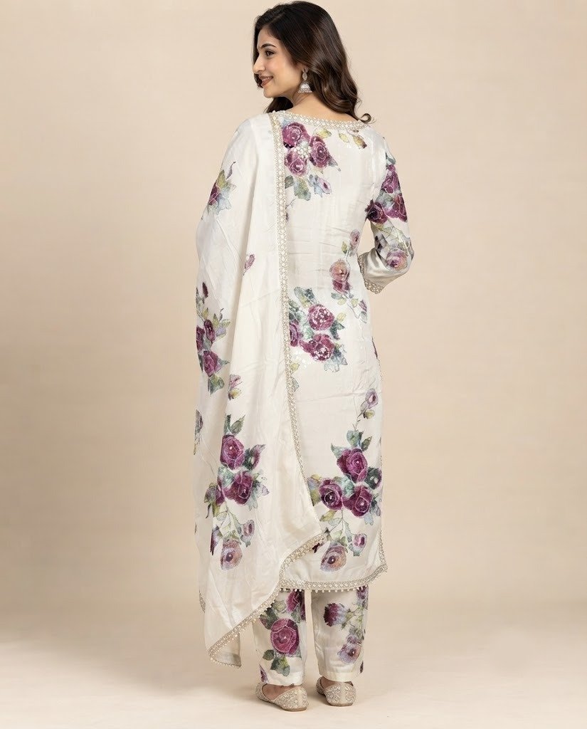 Rose Print Embellished Unstitched Suit Set - Image 2