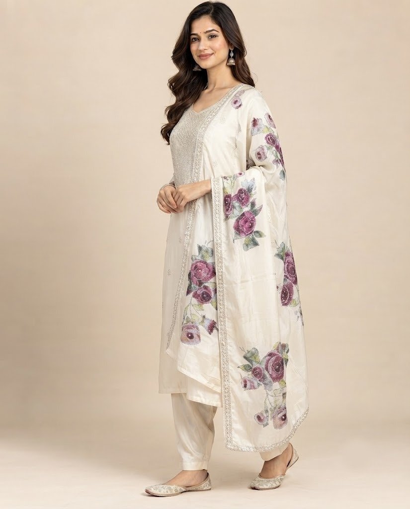 Rose Print Embellished Unstitched Suit Set - Image 3