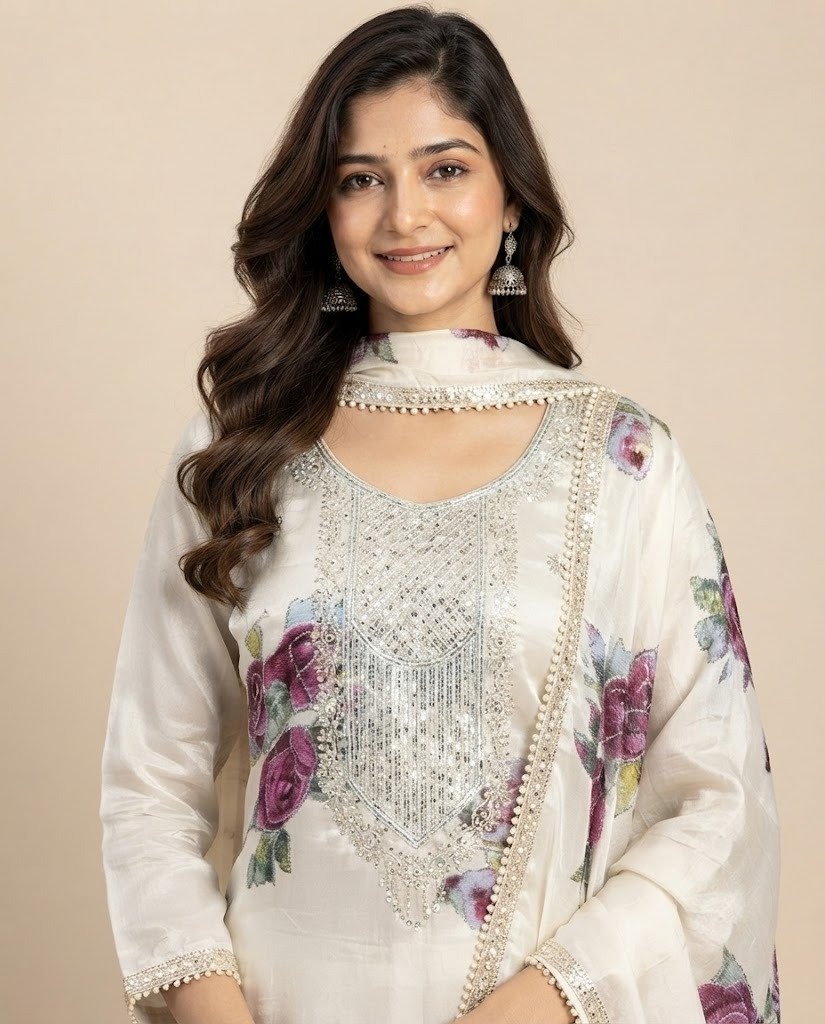 Rose Print Embellished Unstitched Suit Set - Image 4