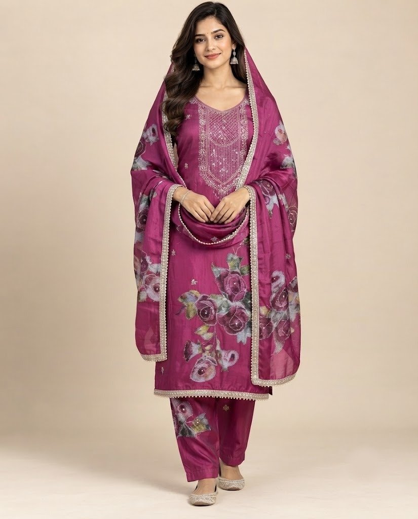 Rose Print Embellished Unstitched Suit Set - Image 11