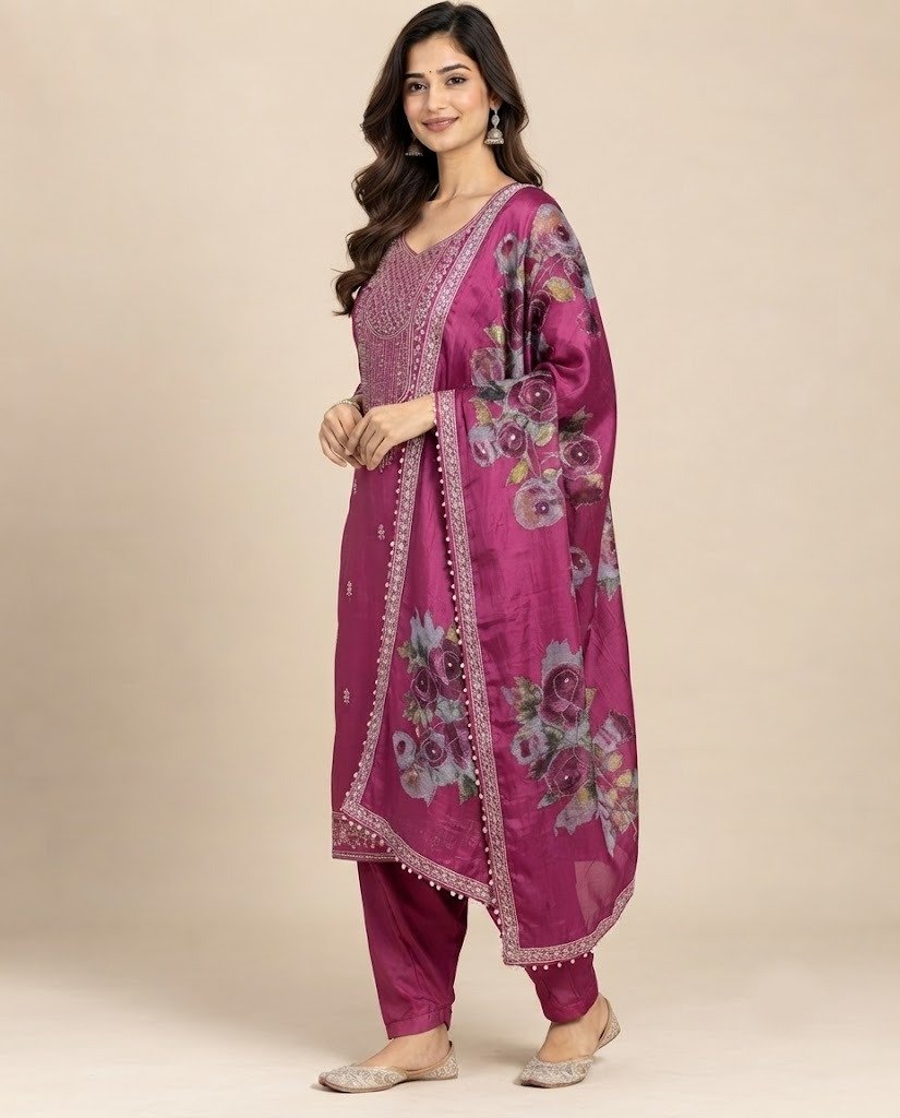 Rose Print Embellished Unstitched Suit Set - Image 12