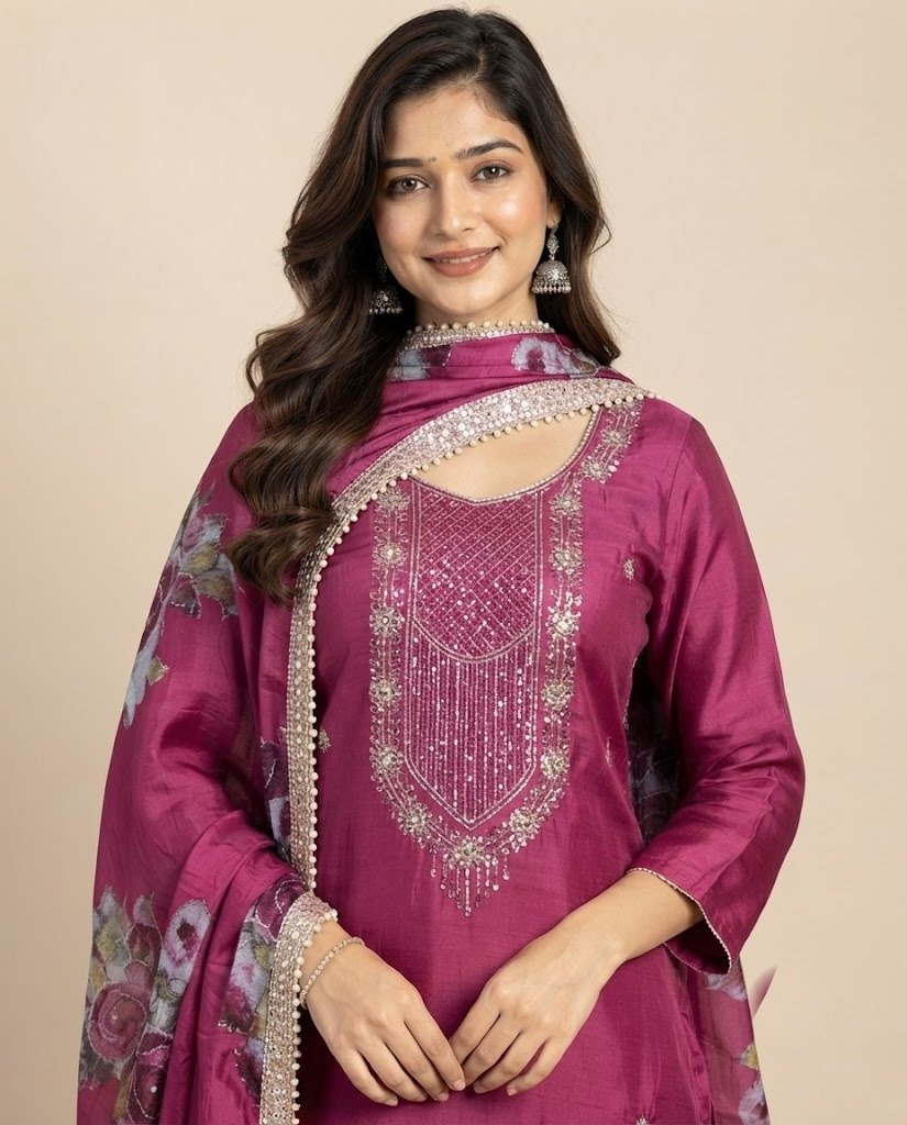 Rose Print Embellished Unstitched Suit Set - Image 13