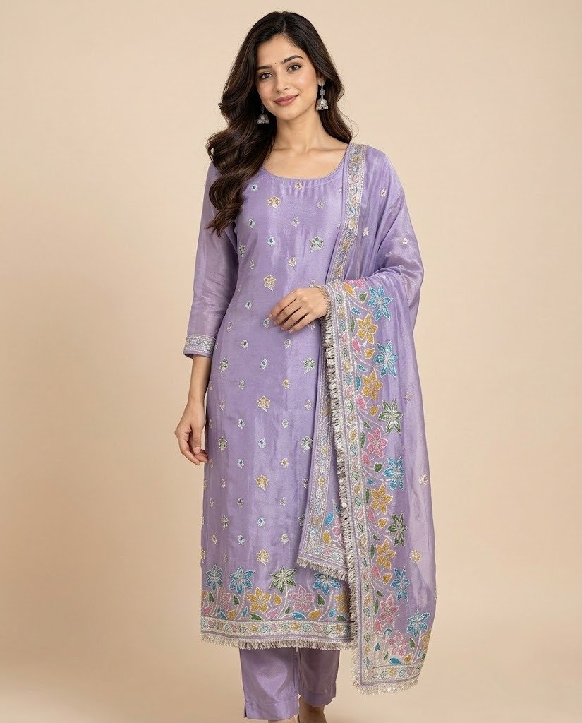 Floral Embroidered Tissue Unstitched Suit Set - Image 8