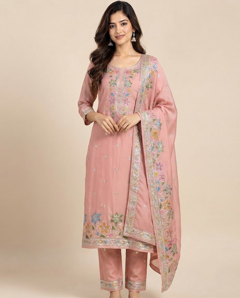 Floral Embroidered Tissue Unstitched Suit Set - Image 5