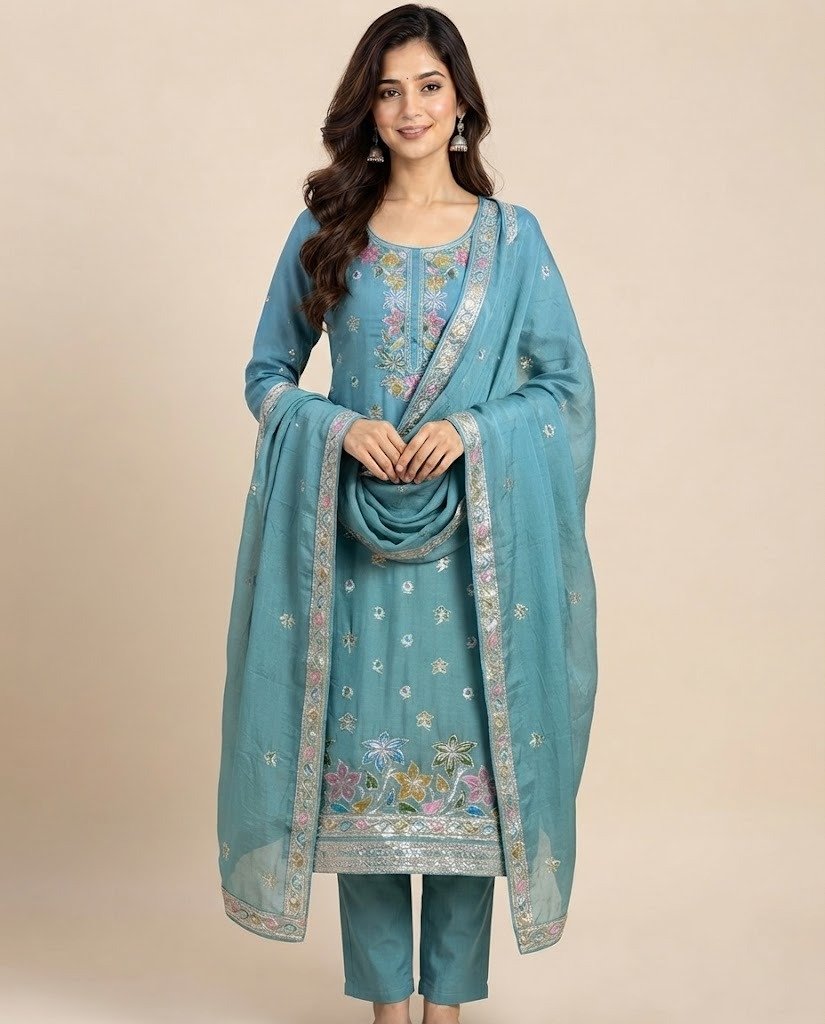 Floral Embroidered Tissue Unstitched Suit Set