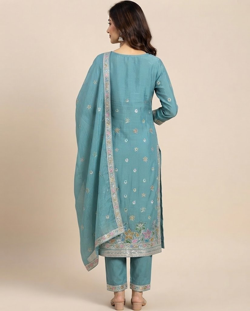 Floral Embroidered Tissue Unstitched Suit Set - Image 2