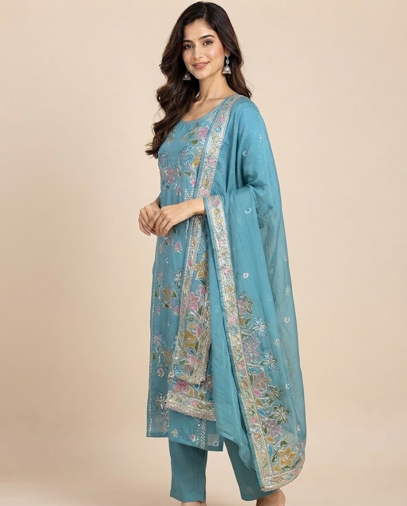 Floral Embroidered Tissue Unstitched Suit Set - Image 3