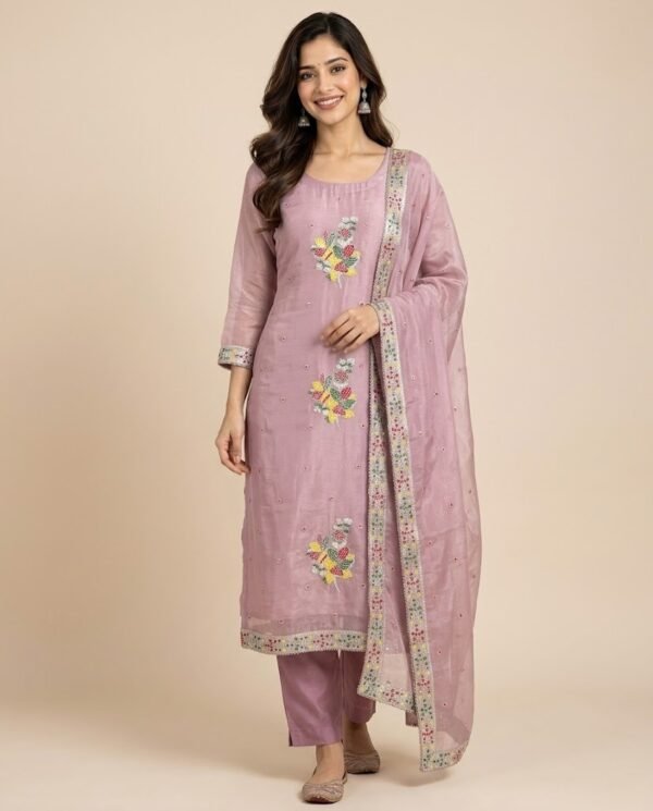 Multicolour Floral Motif Organza Unstitched Suit Set