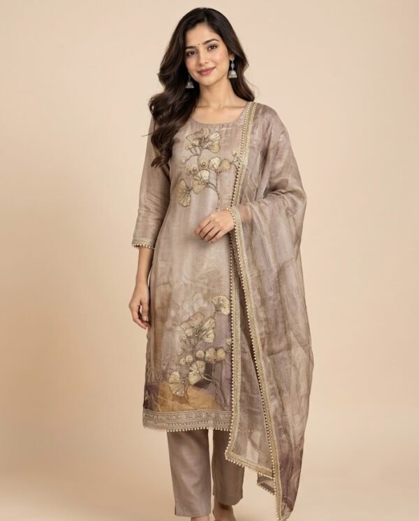 Ginkgo Leaf Embroidered Tissue Unstitched Suit Set
