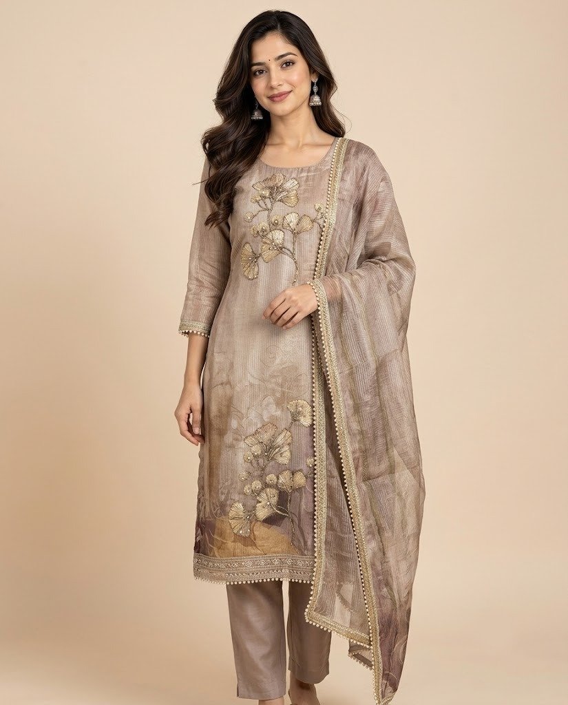 Ginkgo Leaf Embroidered Tissue Unstitched Suit Set