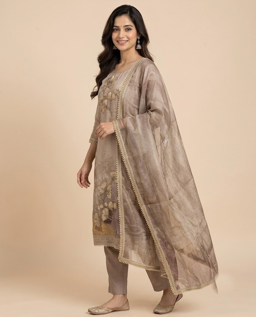 Ginkgo Leaf Embroidered Tissue Unstitched Suit Set - Image 3