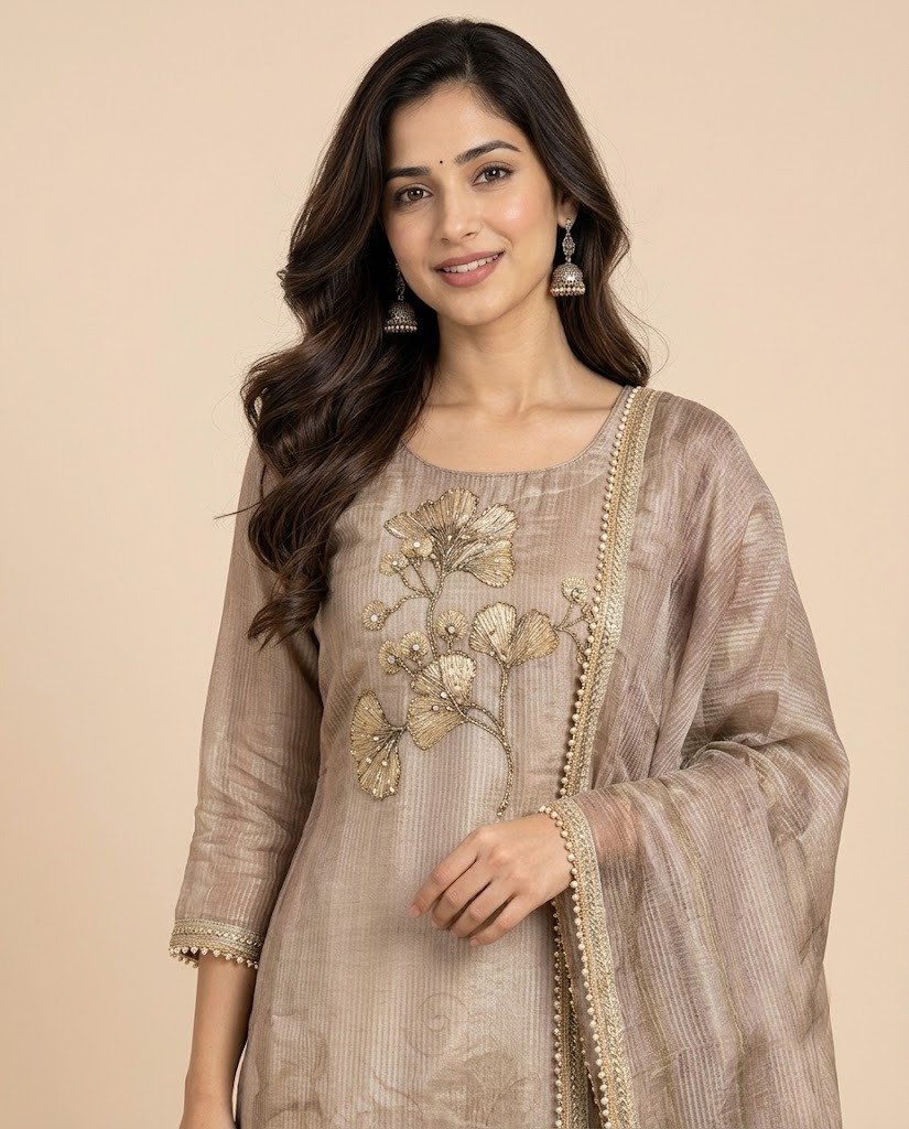 Ginkgo Leaf Embroidered Tissue Unstitched Suit Set - Image 4