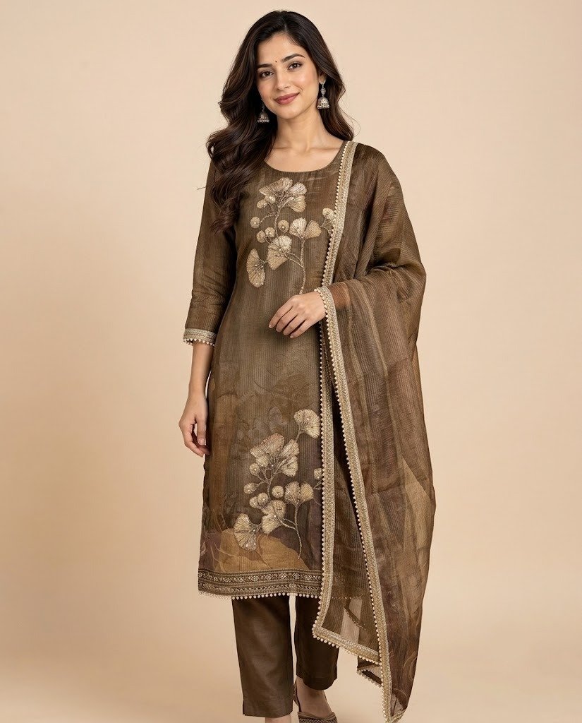 Ginkgo Leaf Embroidered Tissue Unstitched Suit Set - Image 5